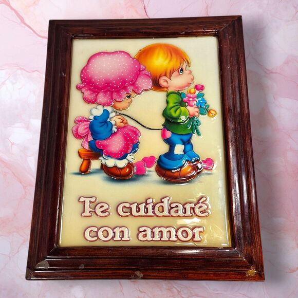 Vintage Spanish “Te Cuidaré Con Amor” 3D Resin Wall Plaque 19x14 Precious Moment - Picture 2 of 10